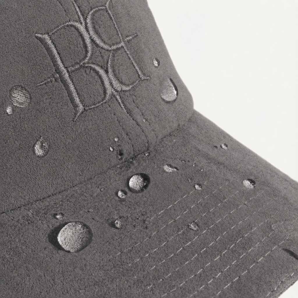 BOLLIDE Silk-Lined Hat in Charcoal, water-resistant suede detail