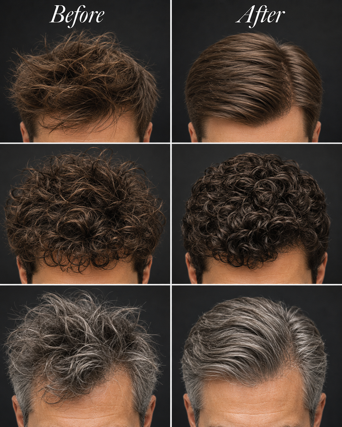 Men's hair before and after reducing friction and breakage